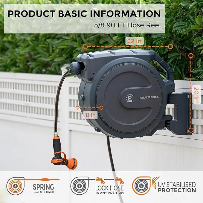 Giraffe Tools Retractable Garden Hose Reel 5/8 inch x 90 ft Hose Reels for Outside, Wall Mounted Water Hose Reel with 180 Deg Swivel Bracket, Any Length Lock, 9 Pattern Hose Nozzle, photo 3 of 6
