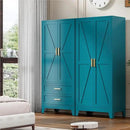 71'' Farmhouse Metal Wardrobe Cabinet with Hanging Rod, 2 Barn Door Wardrobe Closet with Adjustable Shelves,2 Drawer,for Dining Room,Bedroom,Living Room, Cloak Room,Office (Peacock Blue) by CozyNest Decor