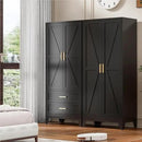 71'' Farmhouse Metal Wardrobe Cabinet with Hanging Rod, 2 Barn Door Wardrobe Closet with Adjustable Shelves,2 Drawer,for Dining Room,Bedroom,Living Room, Cloak Room,Office (Black) by CozyNest Decor