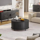 Round Coffee Table with Storage, 31.5" Modern Coffee Table with 360° Curved Sliding Door, Fluted Wood Accent Coffee Table with Adjustable Footpads, Round Center Table for Living Room, Black by CozyNest Decor
