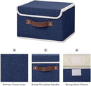 ANMINY 4PCS Storage Bins with Lid PU Leather Handles Storage Boxes PP Plastic Board Decorative Foldable Lidded Cotton Linen Fabric Home Cubes Baskets Closet Organizer Containers - Blue, Small Size by CozyNest Decor