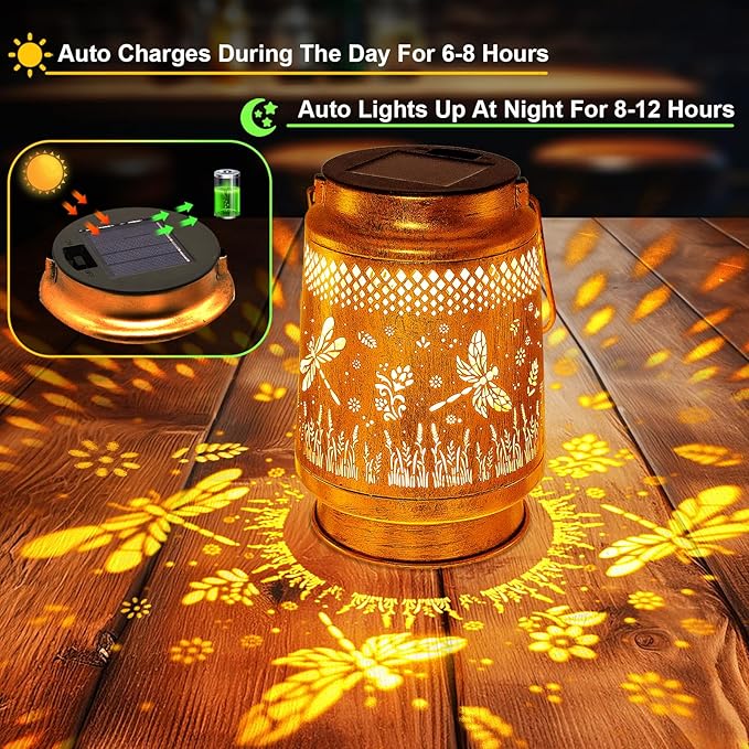 2 Pack Solar Lanterns Outdoor Garden Decor with Shepherd Hook, Gardening Gifts for Mom Grandma Women Dragonfly Metal Decor Lantern Waterproof Solar Lights LED Decorative for Garden Yard Patio, photo 9 of 9