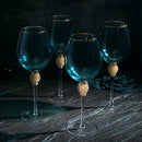 Large Diamond Wine Glasses, 10" H Gold Rim (4, Blue)