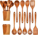 Gudamaye 13 inch Long Wooden Spoons for Cooking, 9 PCS Natural Teak Wooden Kitchen Utensil Set with Utensils Holder Made of Australia Camphor Laurel Wood，Wooden Utensils for Cooking by CozyNest Decor