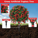 Artificial Boxwood Topiary Tree with Rose, Set of 2 Artificial Shrub Bushes with Ground Spike, Fake Evergreen Tree for Porch, Artificial Plants for Outdoor Planters Indoor UV Resistant by CozyNest Decor