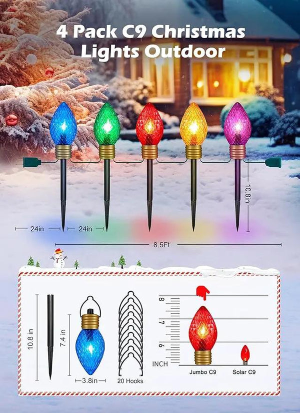Strawberry Jumbo C9 Christmas Lights Outdoor - 4 Pack Total 34FT 20 LED Jumbo C9 Christmas Pathway Lights Outdoor, C9 Walkway Lights, Christmas Decoration for Outside Lawn Holiday, Multicolor, photo 2 of 6