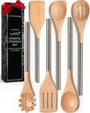 STYLED SETTINGS Wood Cooking Utensils Set with Stainless Steel Handles – 6-PC Durable Wooden Spoons for Cooking, Serving, & Mixing – Kitchen Utensils Set for Nonstick Cookware, Great for Gifting by CozyNest Decor