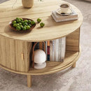 Round Coffee Table with Storage,Fluted Table with 360°Curved Sliding Doors,Solid Wood Legs, Mid Century Modern Center Table for Living Room,Apartment, Home Office,Oak,Natural by CozyNest Decor
