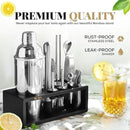 Mixology Bartender Kit with Stand - 15 Piece Bar Tool Set, Silver Bar Set Cocktail Shaker Set for Drink Mixing - Includes Martini Shaker, Jigger, Strainer, Bar Mixer Spoon, Tongs, Opener | Gift Idea by CozyNest Decor