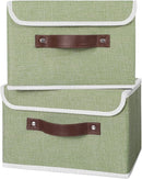 ANMINY 4PCS Storage Bins with Lid PU Leather Handles Storage Boxes PP Plastic Board Decorative Foldable Lidded Cotton Linen Fabric Home Cubes Baskets Closet Organizer Containers - Green, Small Size by TinyTreasures Baby Boutique