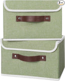 ANMINY 2PCS Storage Bins with Lid PU Leather Handles Storage Boxes PP Plastic Board Decorative Foldable Lidded Cotton Linen Fabric Home Cubes Baskets Closet Organizer Containers - Green, Small Size by TinyTreasures Baby Boutique