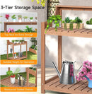 HDPS Potting Bench, All Weather Potting Table with 8 Hooks and Highten Tabletop, Easy Assembly Garden Work Bench, Outdoor Potting Benches for Outside Patio Lawn, 360LBS Capacity, Teak by GreenHaven Gardens