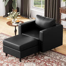 Faux Leather Single Sofa with Storage Ottoman, Modern Accent Chair Deep Seat Large Reading Armchair, Chaise Lounge Chair for Living Room Bedroom Office Black by CozyNest Decor