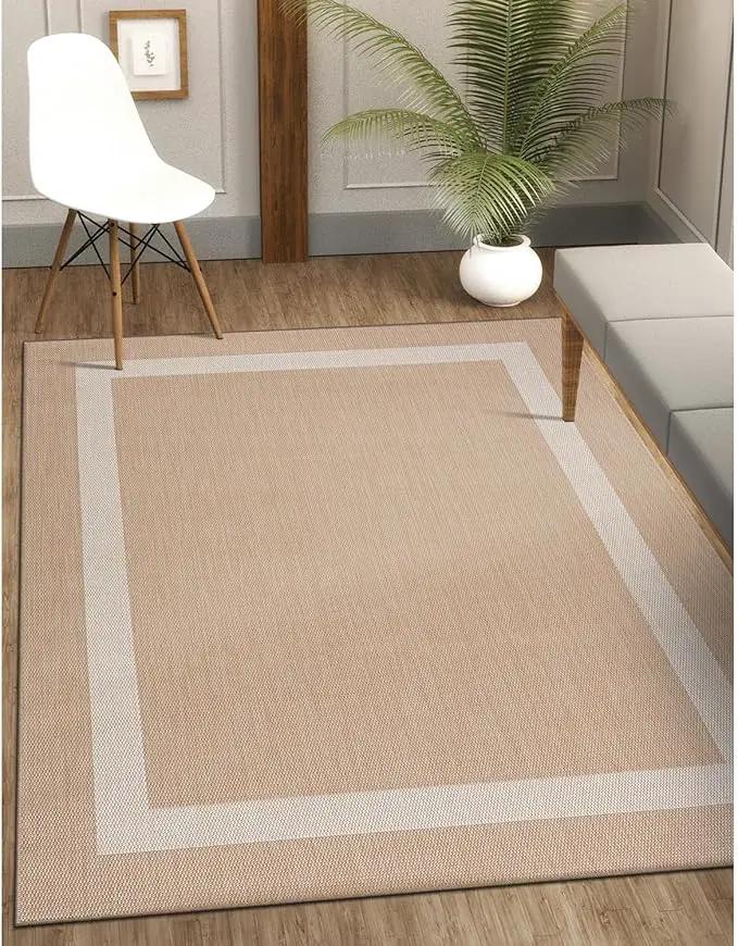 CAMILSON Outdoor Rug 8x10, Modern Outside Rugs for Patios Porches Waterproof Durable Washable Non-Shedding, Easy-to-Clean Indoor Outdoor Area Carpet (8 x 10, Bordered - Beige/White), photo 2 of 9