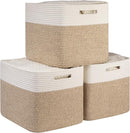 OIAHOMY 13 Kallax Inch Cube Storage Bins, 3-Pack Cotton Rope Woven Baskets for Organizing, Kallax Insert Storage Baskets for Shelves, Baby Nursery, Closet Organizer, 15*13*12.6IN, Brown & White by TinyTreasures Baby Boutique