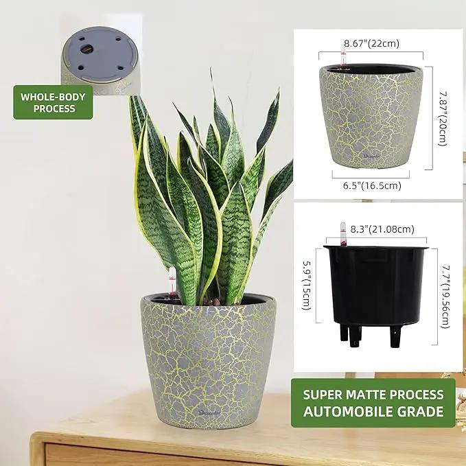 Dexceder 9x8 Inches Self Watering Planter Indoor Outdoor, Inner Pot Design, Thickened Table Flower Plant Pot with Water Level Indicator (Grey Gold Crackle), photo 2 of 6