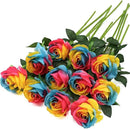 Rainbow Fake Roses Artificial Flowers - 10 Pcs Fake Artificial Roses Silk Flowers with Stems for Home Wedding Hotel Office Centerpiece Decor（Rainbow2） by CozyNest Decor