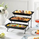 MALACASA 3 Tier Serving Trays for Party, Stoneware Serving Platters and Trays, 12 Inch Tiered Tray Stand, Fruit Tray, Trays for Serving Food, Black Dessert Stand with Collapsible Sturdier Metal Rack by CozyNest Decor
