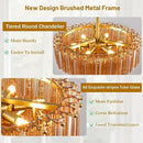 Modern Amber Glass Chandelier, 14" Round Crystal Dining Room Pendant Light Chandelier, Luxury Brass Hanging Fixture for Bedroom, Gold Kitchen Island Light, Dimmable Small Ceiling Lighting Chandeliers by CozyNest Decor