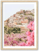 HesenDot Natural OAK Wood Amalfi Coast Framed Wall Art,12x16in Italy Beach Canvas Wall Print, Pink Flowers House Boho Wall Decor for Living Room,Bedroom,Office Gallery Gifts Set of 1 by CozyNest Decor