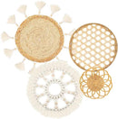 Boho Wall Basket Decor Set of 4 - Flat Woven Basket Wall Hanging Decor,Round Tassels White Macrame Tapestry Wall Decor Art,Handmade Rattan Wicker Seagrass Home Wall Baskets Decor(Wooden Beads Style) by CozyNest Decor