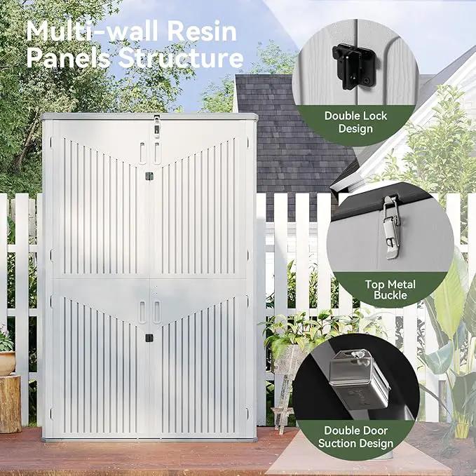 Aoxun White Resin Outdoor Storage Shed with 2 Shelves & Floor, 64 Cu.Ft Vertical Waterproof Cabinet for Garage, Pool, Bike, Garden Tools, Patio Furniture, photo 3 of 8