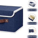 ANMINY 4PCS Storage Bins with Lid PU Leather Handles Storage Boxes PP Plastic Board Decorative Foldable Lidded Cotton Linen Fabric Home Cubes Baskets Closet Organizer Containers - Blue, Small Size by CozyNest Decor