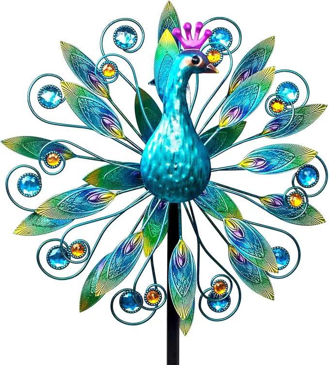 Outdoor Wind Spinner 58" Metal Peacock Wind Spinner Double Peacock Wind Sculpture for Garden Yard Patio Decoration