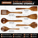 SPATUAMZ Wooden Cooking Spoons, Ladle and Spatula, Fine Polished Teak Wood Cooking Utensils Set of 6, Nonstick Wooden Kitchen Spoon & Spatula Set by CozyNest Decor