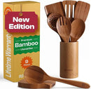 Riveira Natural Bamboo Wooden Cooking Utensils Set of 9 Premium Quality Non-Toxic Wooden Spoons and Spatulas for Cooking by CozyNest Decor
