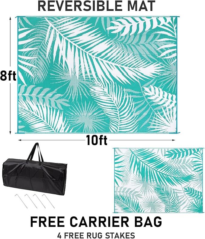 Outdoor Rug 8'x10' Waterproof for Patios Clearance, Reversible Outdoor Plastic Straw Rug Camping Carpet, Outside Floor Mats Large Area Rugs for RV,Patio,Deck,Porch, Beach,Balcony,Teal&White, photo 2 of 9