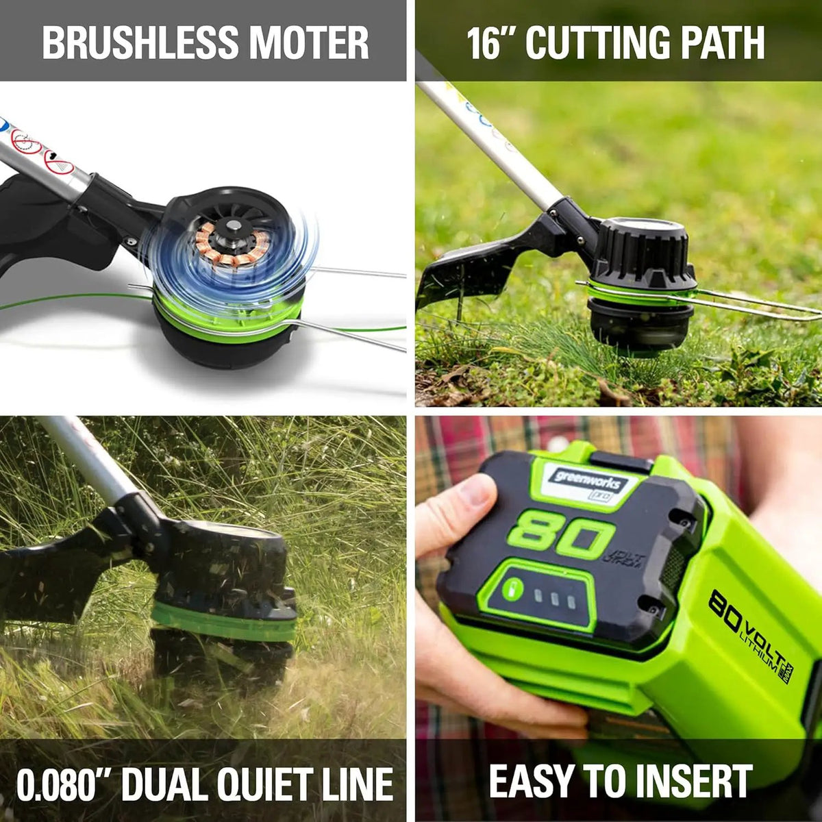 Greenworks 80V 16 inch Brushless String Trimmer, 2.0Ah Battery & Rapid Charger Included, ST80L210, photo 4 of 6