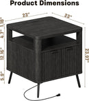 Nightstand with Charging Station, 24" End Table Side Table with Open Shelf, Modern Large Wood Fluted Bedside Cabinet for Bedroom, Living Room, Black by CozyNest Decor