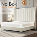Jocisland King Size Bed Frame with 58" Tall Headboard, Platform Velvet Upholstered Bed with Channel Tufted Wingback Headboard and Plating Trim, No Box Spring Needed, Cream by CozyNest Decor