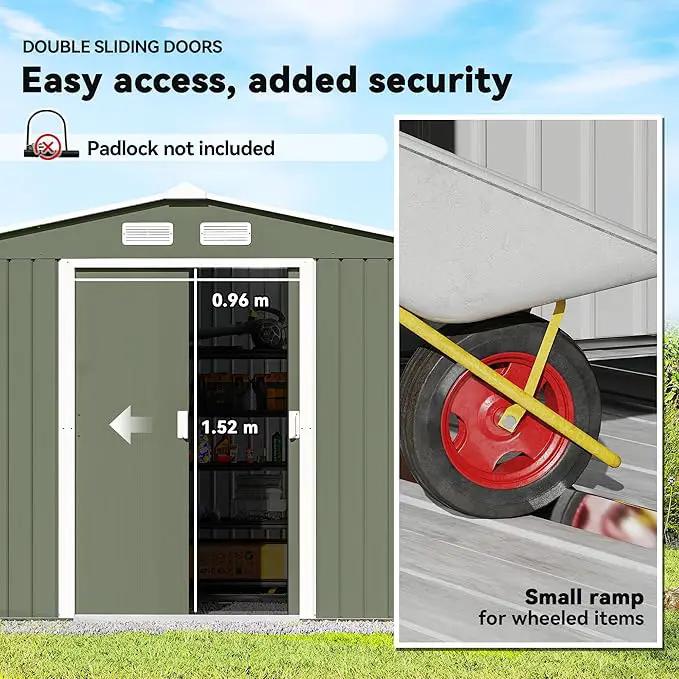 Outsunny 9' x 6' Outdoor Storage Shed, Garden Tool Metal Shed with Foundation Kit, Double Lockable Door, Air Vents and Sloping Roof, for Backyard, Patio, Lawn, Green, photo 4 of 9