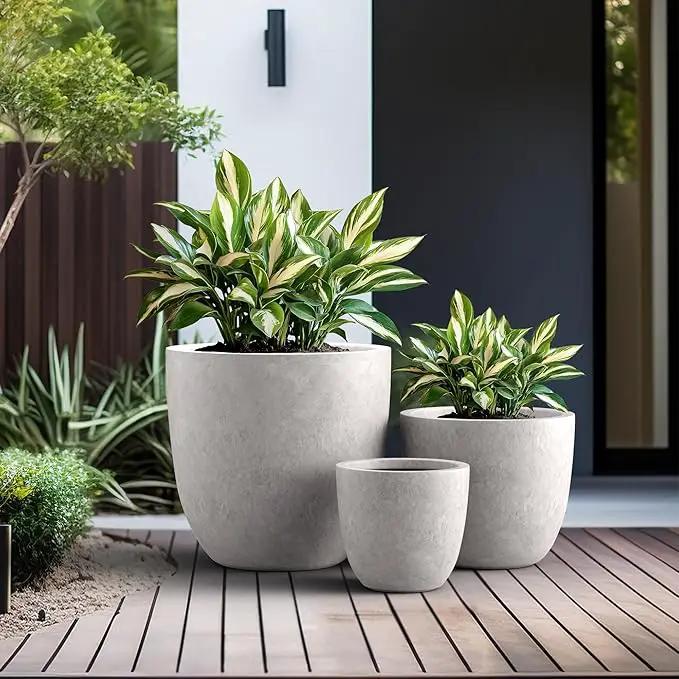 Kante 18",14",10" Dia Concrete Round Planters (Set of 3), Outdoor Indoor Large Planter Pots with Drainage Hole and Rubber Plug for Home Patio Garden, Light Gray, photo 4 of 7