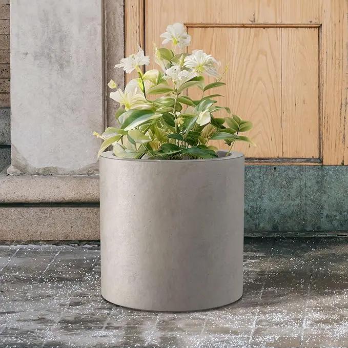 Kante 15.7" Dia Round Concrete Planter, Modern Style Large Cylindrical Plant Pot with Drainage Hole and Rubber Plug for Indoor Outdoor Patio, Weathered Concrete, photo 4 of 8