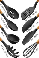 Country Kitchen Non Stick Silicone Utensil Set with Rounded Wood Handles for Cooking and Baking, 8 Piece Set, Black by CozyNest Decor