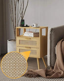Rattan Nightstand with Charging Station,Modern Bedside Table with 2 Storage Drawer and Open Wood Shelf, for Bedroom and Small Spaces,Night Stand with Solid Wood Legs (Yellow Oak) by CozyNest Decor