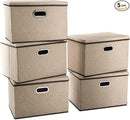 PRANDOM Large Collapsible Storage Baskets with Lids [5-Pack] Jute Fabric Foldable Storage Bins Boxes Organizer Containers Cube with Cover for Home Bedroom Closet Office Nursery (17.7x11.8x11.8) by CozyNest Decor