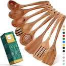 AIUHI Wood Spoons for Cooking, Nonstick Kitchen Utensil Set, Wooden Spoons Cooking Utensil Set Non Scratch Natural Teak Wooden Utensils for Cooking (Teak 8 Pack) by CozyNest Decor