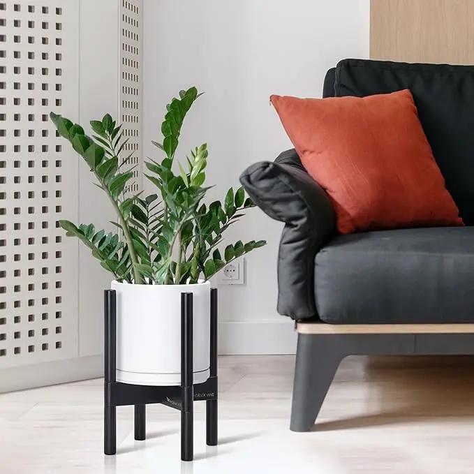 D'vine Dev Ceramic Planter with Ebony Stand - 8 Inch Modern Round Flower Pot with Wood Planter Holder, White, 55-B-M-1, photo 2 of 6