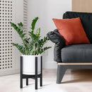 D'vine Dev Ceramic Planter with Ebony Stand - 8 Inch Modern Round Flower Pot with Wood Planter Holder, White, 55-B-M-1 by CozyNest Decor