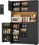 FINETONES 71" Pantry Cabinet with LED Light and Charging Station, Kitchen Pantry Cabinet with Microwave Stand, Kitchen Hutch Food Storage Cabinet with Outlet and Wine Racks, Black by CozyNest Decor