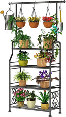 GIOTORENT Plant Stand Indoor Outdoor, 4-Tier Heavy Duty Metal Shelves, Display up to 17 Multiple Plants, Tall Plant Holder with Plant Hanger, Suit for Patio Living Room Garden Balcony, 5 Hooks, Black by GreenHaven Gardens
