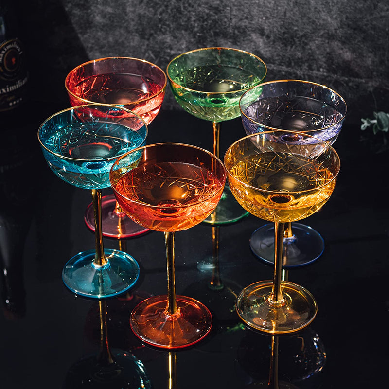 Vintage Art Deco Coupe for Champagne, Martini, Cocktails, Glasses | Set of 6 | 7 oz Classic Cocktail Glassware - Manhattan, Cosmopolitan, Sidecar, Crystal Speakeasy Style Saucer Goblets with Stems