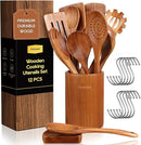 Wooden Spoons for Cooking, 12PCS Teak Wooden Kitchen Utensil Set with Spoon Rest - Smooth Finish, Non-Stick, Comfortable Grip, Heat Resistant Cooking Utensils Set by CozyNest Decor