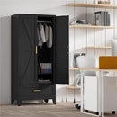 71'' Black Farmhouse Metal Wardrobe Cabinet with Hanging Rod, 2 Barn Door Wardrobe Closet with Adjustable Shelves,Drawer,for Dining Room,Bedroom,Living Room, Cloak Room,Office by CozyNest Decor