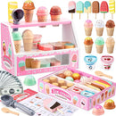 WHOHOLL Wooden Ice Cream Counter Playset for Toddler Girl Toys, Play Store Pretend Toy Food Play Kitchen Accessories with Fake Money & Coin, Gifts for 3+ Year-Old Kids (Pink) by TinyTreasures Baby Boutique