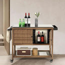 Wicker Outdoor Bar Cart with 4 Lockable Casters, Patio Prep Stainless Table with 2 Ratten Doors Storage Cabinet,Island Cart with WPC Shelf for Grill, Kitchen and Garden, Brown by CozyNest Decor